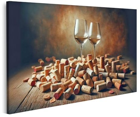 islandburner Prime Bild auf Leinwand Weingläser und verstreute Weinkorken auf altem Holztisch Bilder Wandbilder Poster