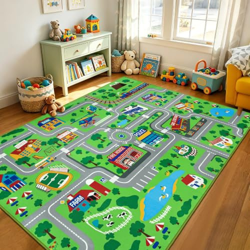 Capslpad Klassenzimmer Teppich 200x300cm Kinder Teppich für Grundschule Kinder Spielteppich für Kleinkind Spielzeug Autos Teppiche Straßenverkehr Teppich für Spielzimmer Schlafzimmer Vorschule Dekor