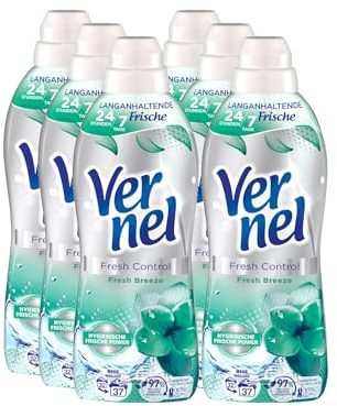 VERNEL Fresh Control Fresh Breeze Weichspüler 6x 37 WL (222 Waschladungen), Wäscheduft für 24/7 langanhaltende Frische mit Geruchs-Neutralisierungs-Technologie, recycelbare Flasche