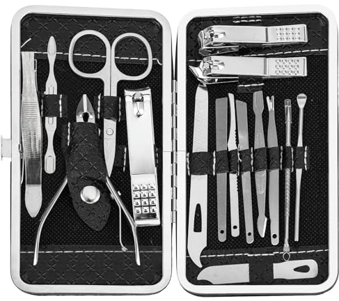 Qianyu 16 Stück Maniküre Pediküre Set Professionelles Edelstahl Nagelknipser Kit mit Tragbarem Reise Ledertasche Nagelpflege Werkzeuge Grooming Kit für Damen Männer Frauen Zuhause Reisen
