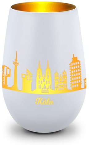 GRAVURZEILE Deko Windlicht aus Glas mit Gravur - Skyline Köln - Hochwertige 360° Lasergravur - Dekoratives Geschenk als Andenken, Souvenir oder für Sammler zum Geburtstag - Farbe: Weiß/Gold