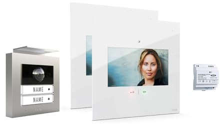 m-e Video-Türsprechanlage RFID silber/weiß | Aluminium Außenstation für 2-Familienhaus | 7“ Design-Innenstation flach | Türklingel mit Kamera | Freisprechanlage Video Zweifamilienhaus 4-Draht