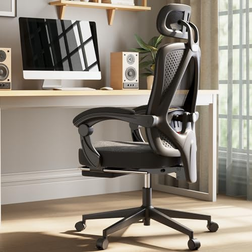 Dowinx Bürostuhl Ergonomisch, Schreibtischstuhl mit Kopfstütze, Lendenwirbelstütze, Chefsessel Bürostuhl mit Fußstütze, Höhenverstellbar, Verstellbare Rückenlehne, Mesh Bürostuhl 150kg, Schwarz Orange