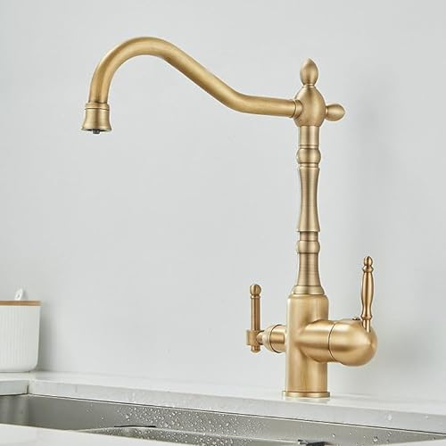ZYCDP 3 Wege Wasserhahn Küche, Mischbatterie Küche für Osmoseanlage, 360° Schwenkbar, Spülarmaturen Küche Messing, Antiquität