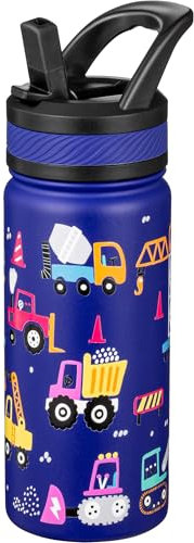 Fanhaw Borraccia Termica per Bambini 550 ml – In Acciaio Inossidabile con Cannuccia, Doppia Parete Isolante, Antigoccia, Senza BPA – Per Bambini e Bambine (Blu - Cantiere in Corso)
