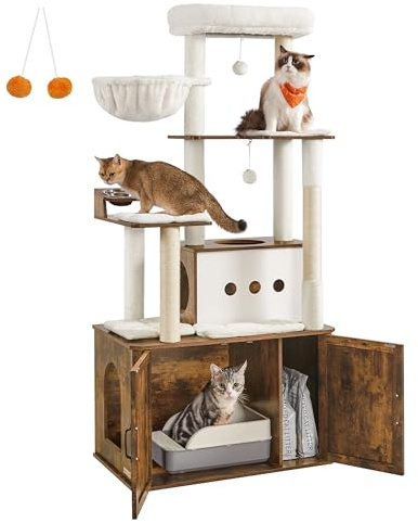 Feandrea Tiered Cat Tree, 67 lång, stor grotta, solstol, skrapstolpar, plyschbollar, kattlåda, vintagebrun PCT169K01
