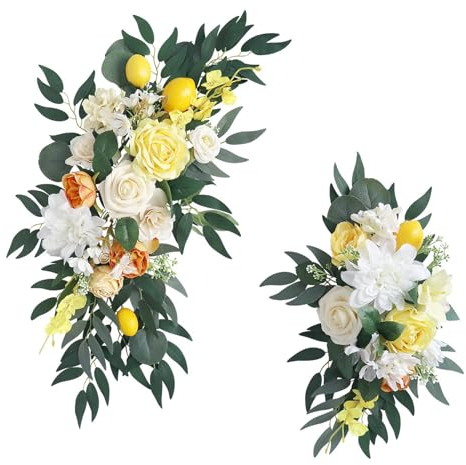 ZHDOKA 2 Stück Hochzeitsbogen-Blumen, Künstliche Hortensien-Pfingstrosen-Rosen-Blumengirlanden mit Gelber Zitrone und Grünen Blättern, Grüne Hochzeits-Blumengirlanden für Sweetheart-Tisch-Wand-Fenster
