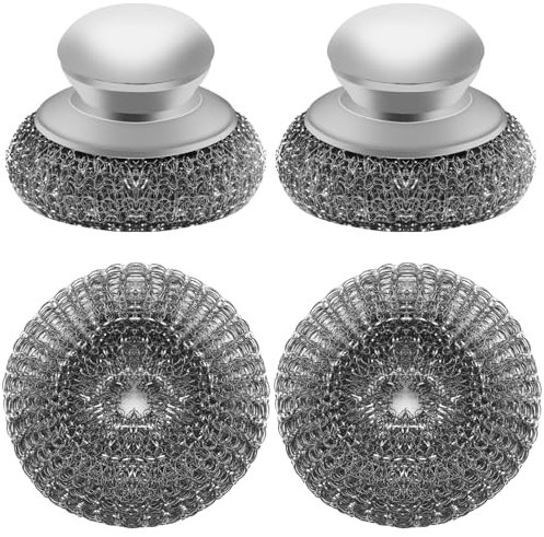 2 Pcs Stainless Steel Wool Scrubber with Handle， 2 Replacement Steel Scrubber Wool Pads for Cleaning Dishes, Pot Scrubbers Can Clean Iron Pots, Stoves, Frying Pans, Barbecue Grills, Wash Sink