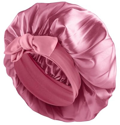 Abeillo Silk Sleep Bonnets for Women, 1PC Adjustable Satin Night Sleeping Cap Soft Elastic Band Silk Bonnets for Sleeping, Hair Bonnet with Tie Band for Curly Hair Braid Women (Bean Paste)