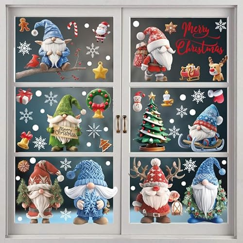 Fensterbilder Weihnachten Selbstklebend, 9 Blätter Statisch PVC Fenstersticker Wiederverwendbar Schneeflocken Aufkleber Weihnachtsmann Süße Elche Fensterdeko für Türen,Schaufenster, Vitrinen