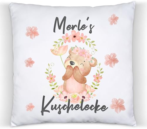ZauberPrints Bären Kissen mit Name – Blumenkranz Deko Mädchen | Kuschelkissen mit Bär & Blumenkranz · 37x37 cm · Baumwolle · Mädchenzimmer-Deko · Geschenk zur Geburt, Taufe & zum Geburtstag