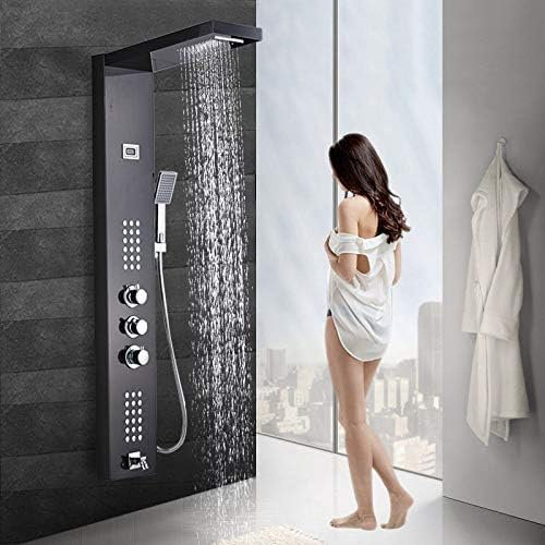DRFGNF Panneau de Douche à Effet Pluie en Nickel Noir, Jets de Massage, Colonne de Douche, mitigeur thermostatique, Robinet de Douche, Tour de Douche, Bec de Baignoire, Bronze Noir, Bronze Noir