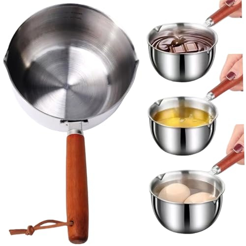 Cacerola pequeña de acero inoxidable de 500ml minicacerola para calentar mantequilla minicacerola con mango de madera y cuerda para colgar cacerola con pico vertedor para cocinar aceite caliente