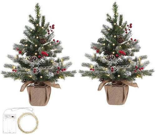 60cm Pre Lit Colour Changing Light-up Artificial Green Mini Christmas Tree with LED, Pinecones and Berries, Switch from Multi-Colour to Warm White LED's Battery Operated - 2ft (60cm)