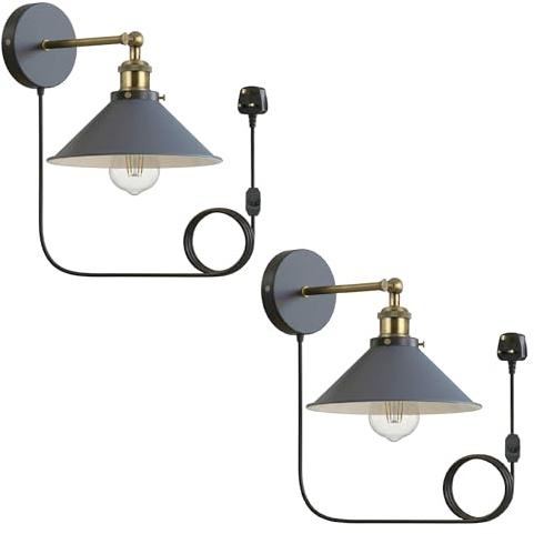 LEDSone 2 Pack Retro Industrial Wall Light Plug-in Metal Cone Shade | Dimmer Switch, Indoor Light Fitting, Plug in Wall Light for bedroom Hallway Restaurants