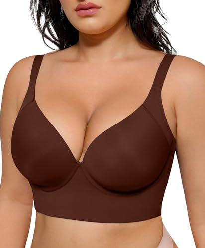 SHAPELLX Women's Everday Back Smoothing Bra T-Shirt Underwire Push Up Bralettes (Brown, 42H)