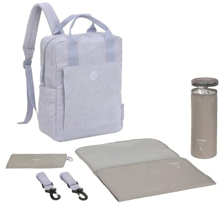 LÄSSIG Baby skötryggsäck skötväska ryggsäck med skötunderlägg, barnvagnsfäste, flaskhållare hållbart producerad/GRE Vividal Backpack cord lila