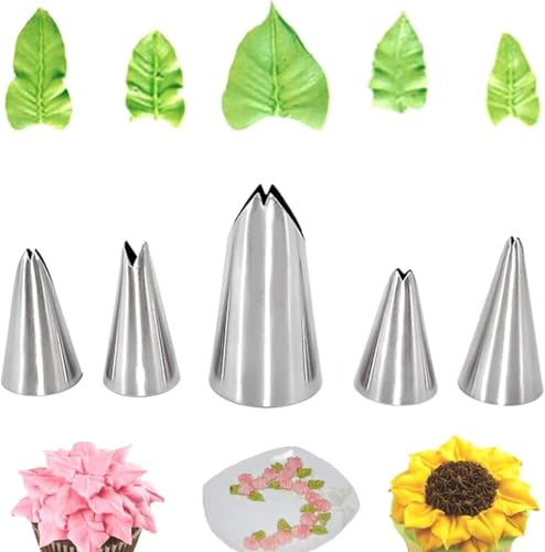 5Pcs Silver Leaf Piping Tips,Cake Piping Icing Nozzles Stainless Steel Russian Piping Tips Piping Nozzles Cake Decorating Tips Set, DIY Baking Supplies Cake Decorating Tools