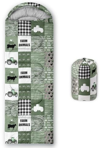 Smell Sunshine Kinder-Schlafsack für Jungen und Mädchen, Bauernhof-Gitterdruck, leicht, warm, tragbar, für drinnen und draußen, wasserdicht, kältebeständig, Schlafsack für Camping, Wandern (Bauernhof)