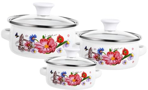 NOLITOY 3pcs Enamel Stockpots Flat Bottom Double Handle Cooking Pots with Elegant Lovely Pattern Fast Heating One-Handed Operation for Electric Stoves and Mothers
