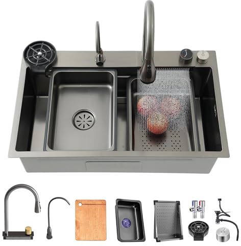 LVRUIEDS Nano Kitchen Sink With Waterfall,Single Bowl Stainless Steel Workstation Kitchen Sink And Faucet Combo Set, Countertop/Drop-in/Undermount(Black A,68x45x22CM)