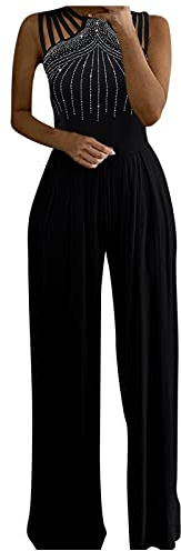 Générique Combinaison Femme Chic pour soirée Paillettes, Vetement Mode Combinaison Chic Élégant sans Manches à col Licou D'été Couleur Unie Barboteuse Jumpsuit pour Soirée Mariage Cérémonie Fête