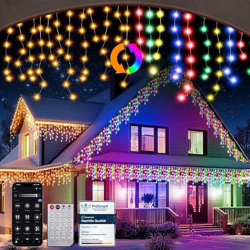 Eisregen Lichterkette Außen, Lichtervorhang mit Warmem und RGB, LED Weihnachtslichter für den Außenbereich mit APP und Fernbedienung, 17 Modi, 4 Helligkeiten, LED Weihnachtsdeko (200L-5M,W/RGB)