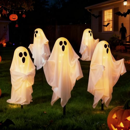 Ghost Light 5-PCS, Halloween Outdoor Ground Stake Night Lights, 8 Modes & Waterproof, Battery Operated DIY Spooky Decorations for Garden Pathway Porch Yard Lawn Party Decor