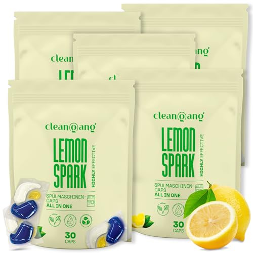 cleangang Spülmaschinentabs All-in-One, 150 Caps, Zitrone, 12 Funktionen | dreifache Reinigungskraft, Fettlösekraft & Glanz, ab 40°C wirksam, plastikfreie Folie, biologisch abbaubar, ohne Vorspülen