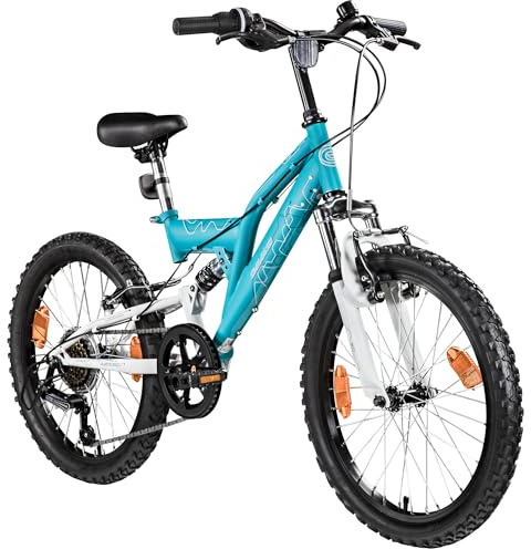 Galano FS180 Kinder Fahrrad ab 6 Jahre Mountainbike Fully ab 120 cm für Mädchen und Jungen, 20 Zoll, 6 Gang Schaltung, MTB Unisex Kinderrad mit V Brakes (türkis, 31 cm)