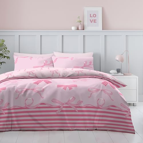 GC GAVENO CAVAILIA Bows Duvet Cover Pink Bedding Sets | 3Piece Polycotton Kingsize Duvet Cover Sets (220x230 Cm) | Reversible Striped Quilt Covers Set With Pillowcases