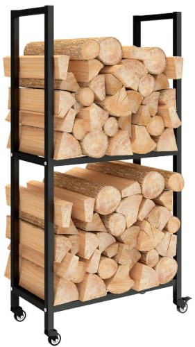 Outsunny Porta Legna, Portalegna da Interno 2 Livelli 60x30x119 cm Nero | Con Ruote a Freno, Rialzato, Per Esterni, Legnaia in Acciaio Rinforzato