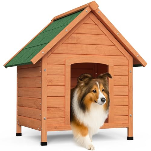 VOUNOT® Caseta para Perros Exterior con Techo Asfáltico y Pies Antideslizantes Casa para Perros Mascotas Perrera de Madera Impermeable Base Extraíble Refugio Canino Perruno 72x65x83 cm, Natural