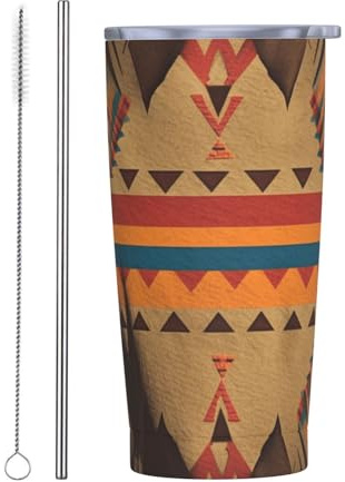 PAQOLSMCKR Bicchiere in acciaio inossidabile con coperchio, 590 ml, tazza isolata in stile nativo americano, tazza da caffè riutilizzabile per auto, tazza a doppia parete isolata per caffè
