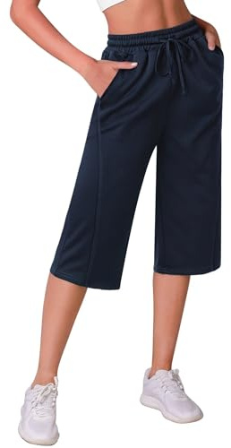 Crewhpo Pantalon 3/4 Femme Taille Haute Poches Coupe Ample Style Sport