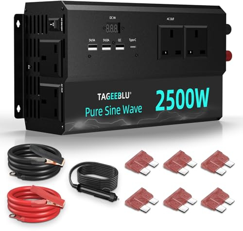 TAGEEBLU Pure Sine Wave Power Inverter 2500w DC 12V to AC 240V Voltage Converter with 2 AC Outlets,3 USB ，for Motorhomes,Trucks,Boats,Camping,5000W Peak Power
