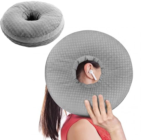 Eulihent Cuscino Piercing Orecchio,Cuscino con Foro per Orecchio, Cuscino per Piercing Orecchio Ergonomico per Dormire Sul Fianco e Pancia, Alleviare Dolore da Piercing, 30×30×9cm.(Grigio - Rotondo)