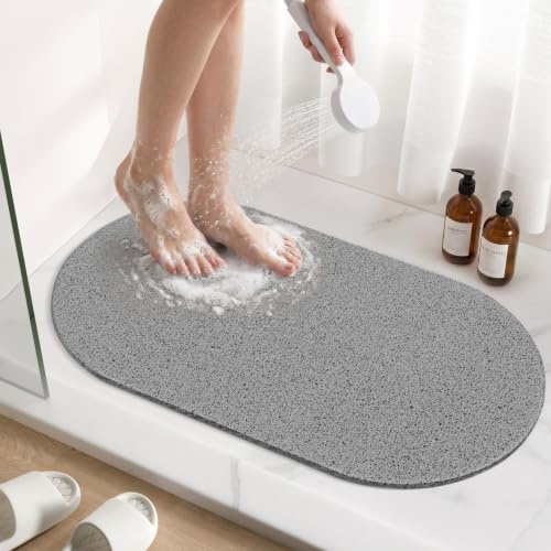 HITSLAM Ovale Luffa Duschmatte rutschfest, Grau, 69x40 cm | Weiche PVC Badematte, Sicherer Rutschschutz, DIY Zuschneidbar, Schnelltrocknend, Anti-Schimmel, Waschbar