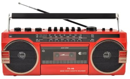 DESIGNO Retro Boombox Cassette Player with 4-Band AM/FM/SW Radio, Portable Tape Recorder, X-Bass Speakers, Vintage Style (Red)