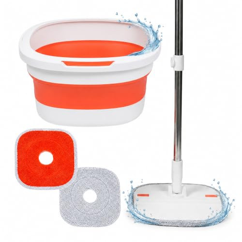 Relaxdays mopp-set, 3,8 l hink med urvridningsfunktion, vit/orange | utrymmesbesparande, HBT: 18x34,5x34,5 cm, 2 moppskallar