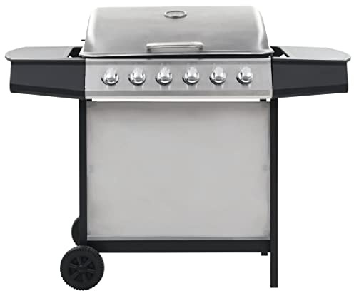 6 Burner Gas BBQ Grill with 6 Large Cooking Zones, Stainless Steel Outdoor Gas Grill with Built-in Thermometer, Heavy-Duty Hood, Side Panels, and Removable Grease Tray