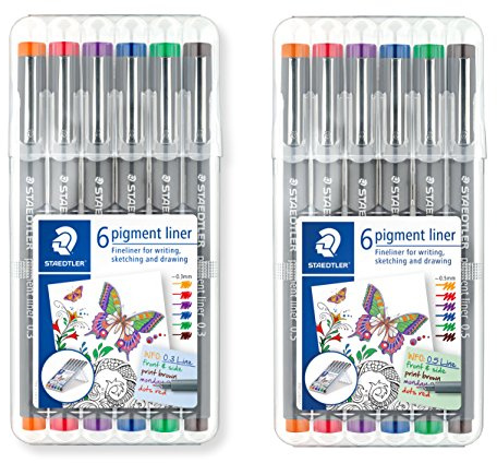 Staedtler Pigment Liner Fineliner 6er Set, mit Box (1x Sortiert 0,3mm + 1x Sortiert 0,5mm)