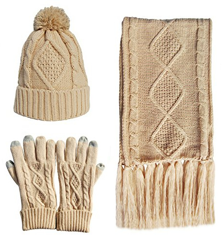 Chloria Stricken Mütze,Schal und Handschuh Set Frauen Männer Mädchen Unisex Zopfmuster Strickmütze erdicken Schal Handschuh Hut Gesetzt Winter Kombi Geschenkset (Beige)