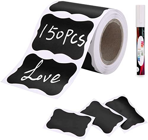 Joyoldelf 150 Pcs Tafel-Aufkleber, wasserdichte Etiketten selbstklebend mit Stift, Küchen Klebeetiketten Partner für Gewürzgläser, Marmelade usw, 6x4cm (Welle)