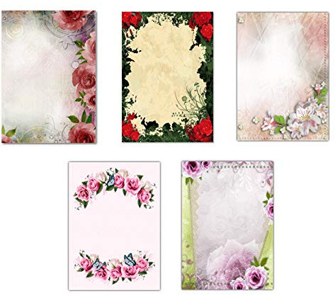 5 x 10 Blatt im Set Briefpapier Mix DIN A4 Blumen Blüten (MPA-5235) Vintage Retro Rosen Motivpapier
