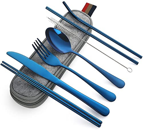 Devico Ensemble de couverts de camping 8 pièces comprenant couteau, fourchette, cuillère, baguettes, brosses de nettoyage, pailles, étui portable, couverts en acier inoxydable 8-piece 8 pièces Bleu