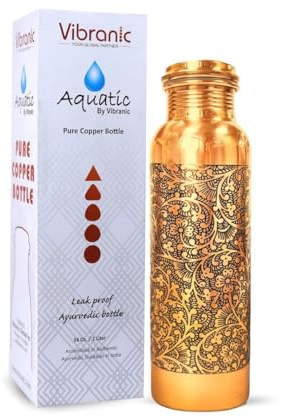 VIBRANIC Aquatic DARK EMBOSSED Ayurvedic Copper Water Bottle 34oz - Pure Copper Bottle for Sports, Fitness, Yoga - Natural Health Benefits - Made in India