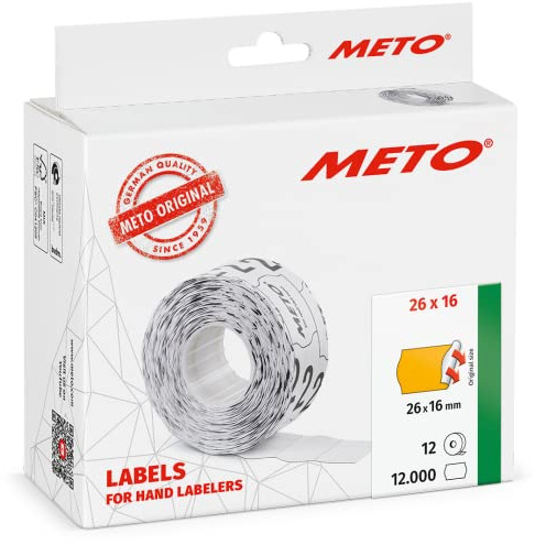 Meto Etiketten für Handauszeichner (26x16 mm, 2-zeilig, 12.000 Stück, fluor orange, permanent haftend, für METO, Contact, Sato, Avery, Tovel, Samark etc.)