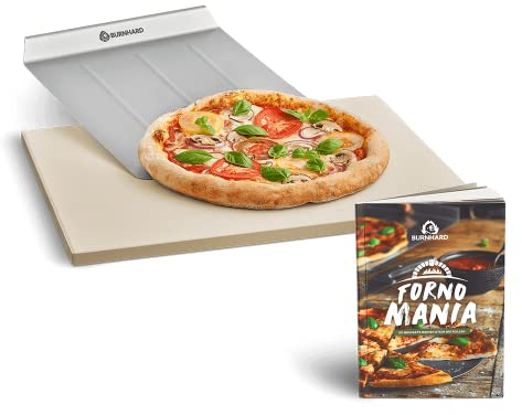 BURNHARD Pietra refrattaria per pizza 45 x 35 x 1,5 cm rettangolare in cordierite con pala per pizza in acciaio inossidabile, per cuocere pane, tarte flambée e pizza