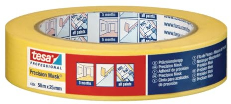 tesa Präzisionskrepp PLUS 4334-4er-Pack - 50 m x 38 mm - Gelb | Professioneller Malerkrepp mit extra dünnem Papierträger - zum besonders präzisen Abkleben und Abdecken